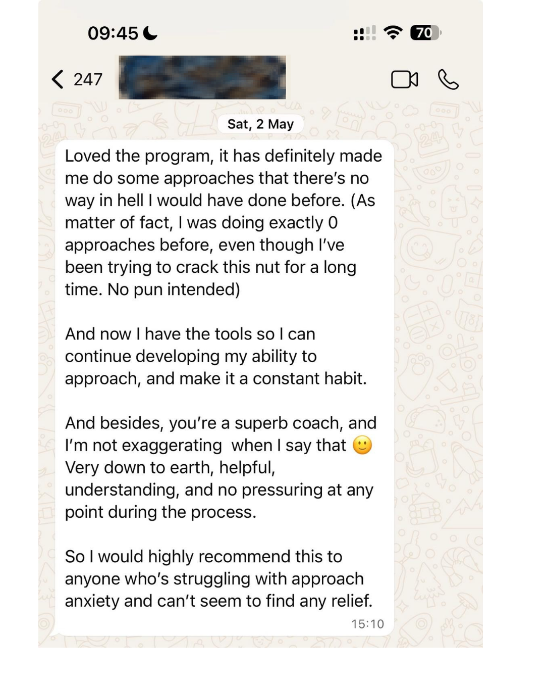 Client testimonial - WhatsApp conversation